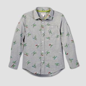 Boy’s Cat & Jack Gray Skiing Dinosaur Long Sleeve Button Down Shirt L (Husky)